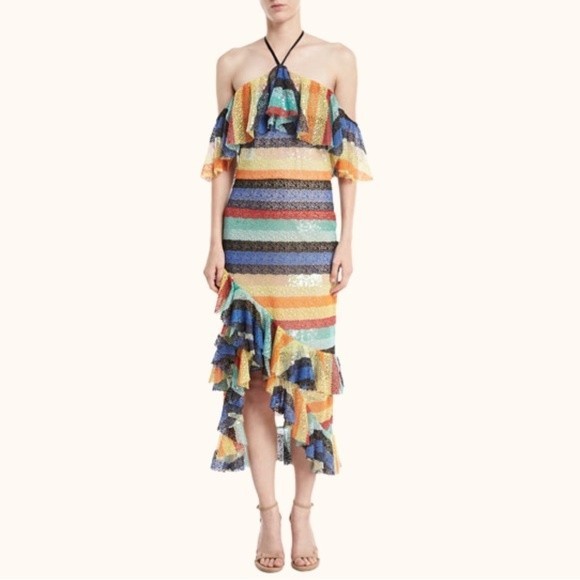 Alice + Olivia | Annabeth Sequin Embroidered Mesh Rainbow Striped Ruffle Dress - Picture 4 of 16